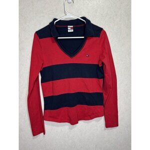 TOMMY HILFIGER JEANS Women Collared Vneck Long Sleeve Top Striped Red SMALL READ